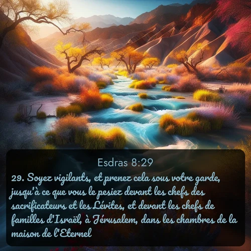 Segond Esdras  ; image nature: image avec le verset biblique :Soyez vigilants, et prenez cela sous votre garde, jusqu&#039;à ce que vous le pesiez devant les chefs des sacrificateurs et les Lévites, et devant les chefs de familles d&#039;Israël, à Jérusalem, dans les chambres de la maison de l&#039;Eternel. ;  ; 8:29