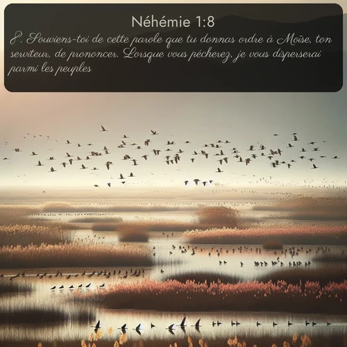 Segond Néhémie  ; image nature: image avec le verset biblique :Souviens-toi de cette parole que tu donnas ordre à Moïse, ton serviteur, de prononcer. Lorsque vous pécherez, je vous disperserai parmi les peuples; ;  ; 1:8