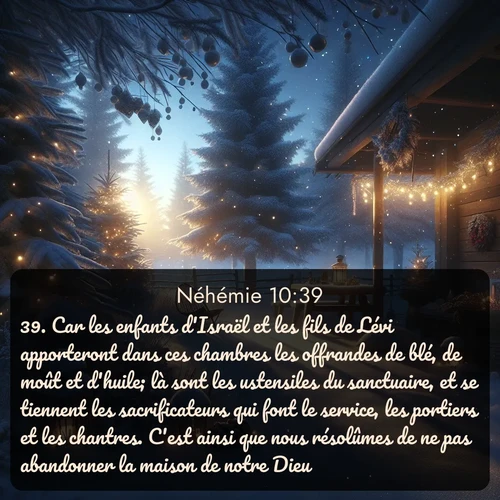 Segond Néhémie  ; image nature: image avec le verset biblique :Car les enfants d&#039;Israël et les fils de Lévi apporteront dans ces chambres les offrandes de blé, de moût et d&#039;huile; là sont les ustensiles du sanctuaire, et se tiennent les sacrificateurs qui font le service, les portiers et les chantres. C&#039;est ainsi que nous résolûmes de ne pas abandonner la maison de notre Dieu. ;  ; 10:39