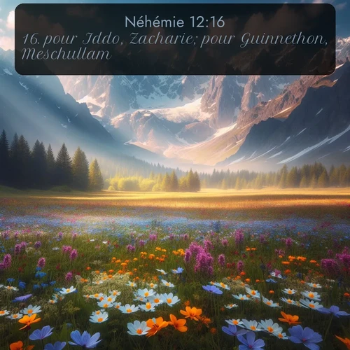 Segond Néhémie  ; image nature: image avec le verset biblique :pour Iddo, Zacharie; pour Guinnethon, Meschullam; ;  ; 12:16