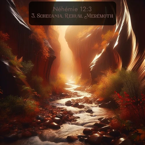 Segond Néhémie  ; image nature: image avec le verset biblique :Schecania, Rehum, Merémoth, ;  ; 12:3