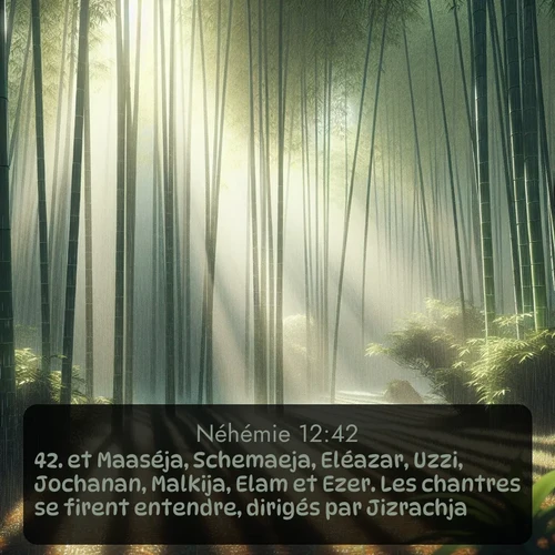 Segond Néhémie  ; image nature: image avec le verset biblique :et Maaséja, Schemaeja, Eléazar, Uzzi, Jochanan, Malkija, Elam et Ezer. Les chantres se firent entendre, dirigés par Jizrachja. ;  ; 12:42