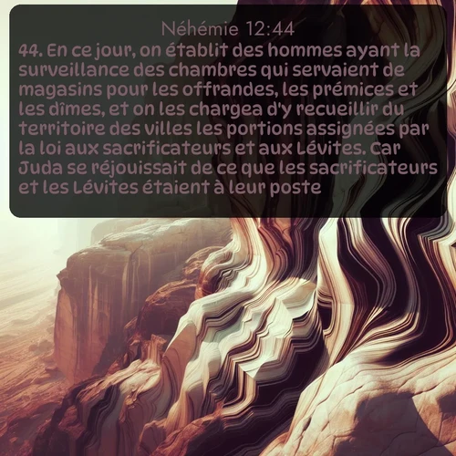 Segond Néhémie  ; image nature: image avec le verset biblique :En ce jour, on établit des hommes ayant la surveillance des chambres qui servaient de magasins pour les offrandes, les prémices et les dîmes, et on les chargea d&#039;y recueillir du territoire des villes les portions assignées par la loi aux sacrificateurs et aux Lévites. Car Juda se réjouissait de ce que les sacrificateurs et les Lévites étaient à leur poste, ;  ; 12:44