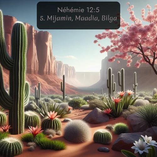 Segond Néhémie  ; image nature: image avec le verset biblique :Mijamin, Maadia, Bilga, ;  ; 12:5