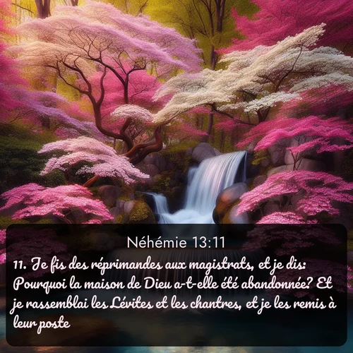 Segond Néhémie  ; image nature: image avec le verset biblique :Je fis des réprimandes aux magistrats, et je dis: Pourquoi la maison de Dieu a-t-elle été abandonnée? Et je rassemblai les Lévites et les chantres, et je les remis à leur poste. ;  ; 13:11