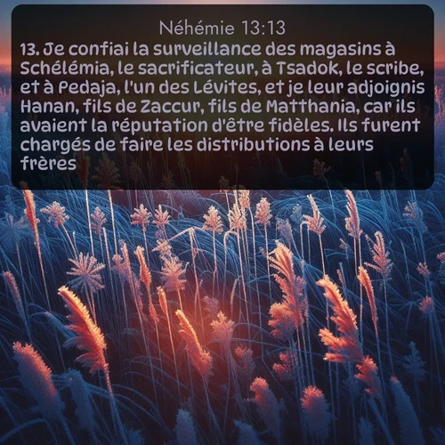 Segond Néhémie  ; image nature: image avec le verset biblique :Je confiai la surveillance des magasins à Schélémia, le sacrificateur, à Tsadok, le scribe, et à Pedaja, l&#039;un des Lévites, et je leur adjoignis Hanan, fils de Zaccur, fils de Matthania, car ils avaient la réputation d&#039;être fidèles. Ils furent chargés de faire les distributions à leurs frères. ;  ; 13:13