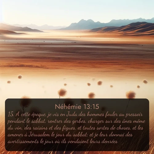 Segond Néhémie  ; image nature: image avec le verset biblique :A cette époque, je vis en Juda des hommes fouler au pressoir pendant le sabbat, rentrer des gerbes, charger sur des ânes même du vin, des raisins et des figues, et toutes sortes de choses, et les amener à Jérusalem le jour du sabbat; et je leur donnai des avertissements le jour où ils vendaient leurs denrées. ;  ; 13:15