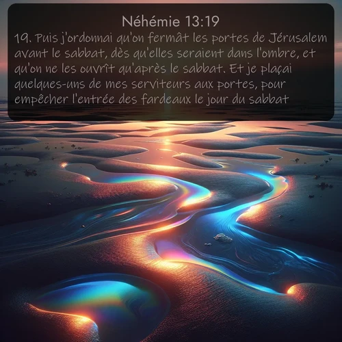 Segond Néhémie  ; image nature: image avec le verset biblique :Puis j&#039;ordonnai qu&#039;on fermât les portes de Jérusalem avant le sabbat, dès qu&#039;elles seraient dans l&#039;ombre, et qu&#039;on ne les ouvrît qu&#039;après le sabbat. Et je plaçai quelques-uns de mes serviteurs aux portes, pour empêcher l&#039;entrée des fardeaux le jour du sabbat. ;  ; 13:19