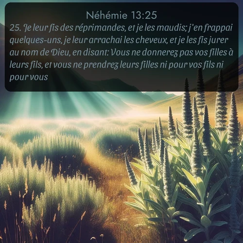 Segond Néhémie  ; image nature: image avec le verset biblique :Je leur fis des réprimandes, et je les maudis; j&#039;en frappai quelques-uns, je leur arrachai les cheveux, et je les fis jurer au nom de Dieu, en disant: Vous ne donnerez pas vos filles à leurs fils, et vous ne prendrez leurs filles ni pour vos fils ni pour vous. ;  ; 13:25