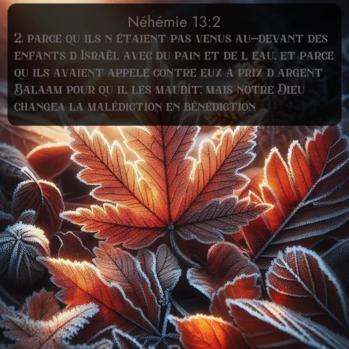 Segond Néhémie  ; image nature: image avec le verset biblique :parce qu&#039;ils n&#039;étaient pas venus au-devant des enfants d&#039;Israël avec du pain et de l&#039;eau, et parce qu&#039;ils avaient appelé contre eux à prix d&#039;argent Balaam pour qu&#039;il les maudît; mais notre Dieu changea la malédiction en bénédiction. ;  ; 13:2