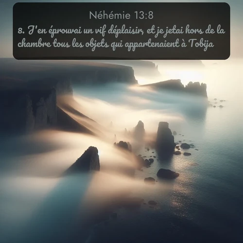 Segond Néhémie  ; image nature: image avec le verset biblique :J&#039;en éprouvai un vif déplaisir, et je jetai hors de la chambre tous les objets qui appartenaient à Tobija; ;  ; 13:8