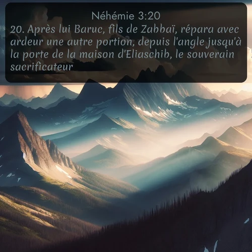 Segond Néhémie  ; image nature: image avec le verset biblique :Après lui Baruc, fils de Zabbaï, répara avec ardeur une autre portion, depuis l&#039;angle jusqu&#039;à la porte de la maison d&#039;Eliaschib, le souverain sacrificateur. ;  ; 3:20