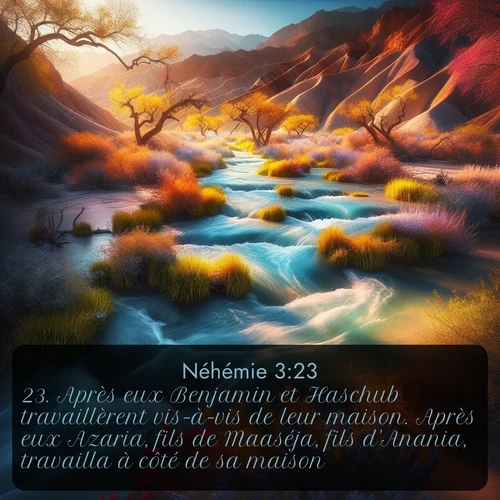 Segond Néhémie  ; image nature: image avec le verset biblique :Après eux Benjamin et Haschub travaillèrent vis-à-vis de leur maison. Après eux Azaria, fils de Maaséja, fils d&#039;Anania, travailla à côté de sa maison. ;  ; 3:23