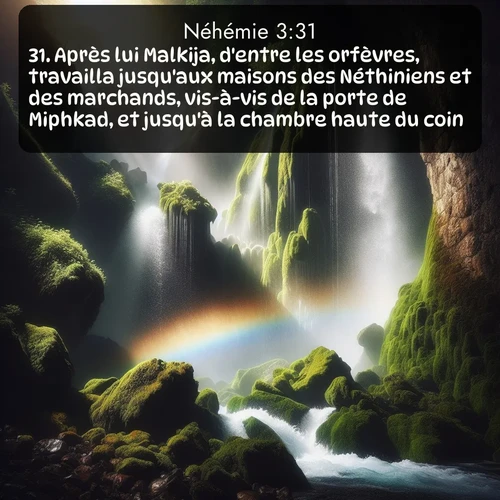 Segond Néhémie  ; image nature: image avec le verset biblique :Après lui Malkija, d&#039;entre les orfèvres, travailla jusqu&#039;aux maisons des Néthiniens et des marchands, vis-à-vis de la porte de Miphkad, et jusqu&#039;à la chambre haute du coin. ;  ; 3:31