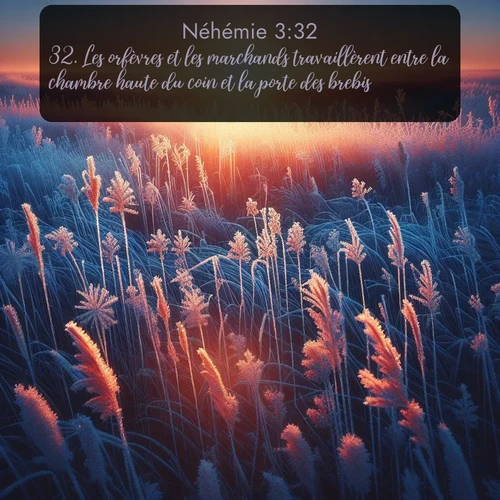 Segond Néhémie  ; image nature: image avec le verset biblique :Les orfèvres et les marchands travaillèrent entre la chambre haute du coin et la porte des brebis. ;  ; 3:32