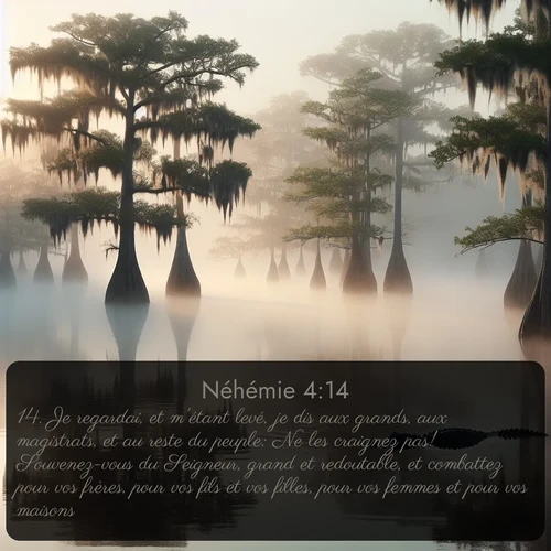 Segond Néhémie  ; image nature: image avec le verset biblique :Je regardai, et m&#039;étant levé, je dis aux grands, aux magistrats, et au reste du peuple: Ne les craignez pas! Souvenez-vous du Seigneur, grand et redoutable, et combattez pour vos frères, pour vos fils et vos filles, pour vos femmes et pour vos maisons! ;  ; 4:14