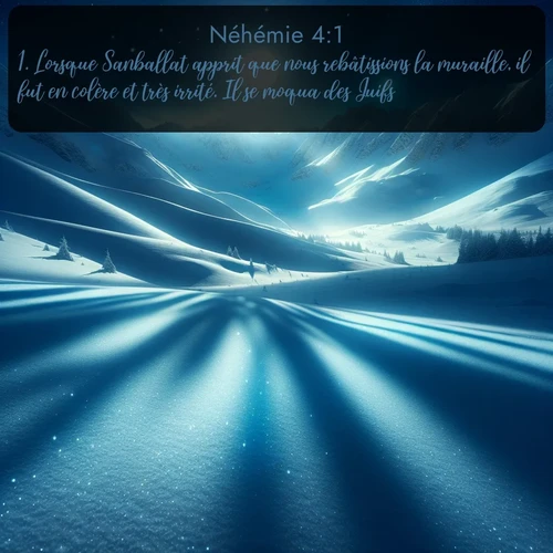 Segond Néhémie  ; image nature: image avec le verset biblique :Lorsque Sanballat apprit que nous rebâtissions la muraille, il fut en colère et très irrité. Il se moqua des Juifs, ;  ; 4:1