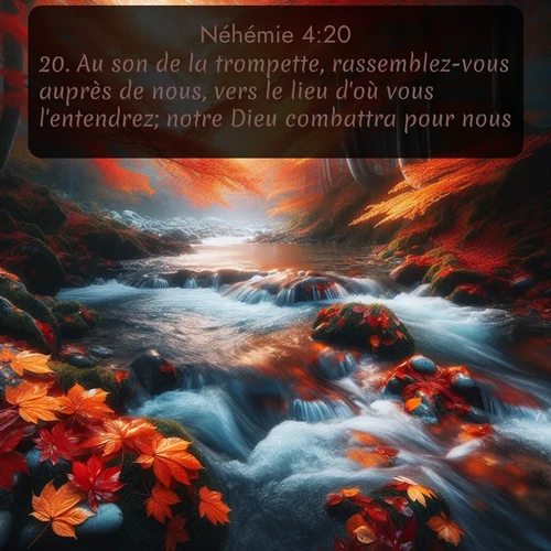 Segond Néhémie  ; image nature: image avec le verset biblique :Au son de la trompette, rassemblez-vous auprès de nous, vers le lieu d&#039;où vous l&#039;entendrez; notre Dieu combattra pour nous. ;  ; 4:20