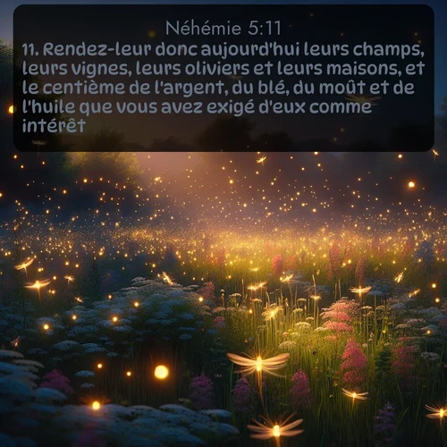 Segond Néhémie  ; image nature: image avec le verset biblique :Rendez-leur donc aujourd&#039;hui leurs champs, leurs vignes, leurs oliviers et leurs maisons, et le centième de l&#039;argent, du blé, du moût et de l&#039;huile que vous avez exigé d&#039;eux comme intérêt. ;  ; 5:11
