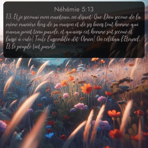 Segond Néhémie  ; image nature: image avec le verset biblique :Et je secouai mon manteau, en disant: Que Dieu secoue de la même manière hors de sa maison et de ses biens tout homme qui n&#039;aura point tenu parole, et qu&#039;ainsi cet homme soit secoué et laissé à vide! Toute l&#039;assemblée dit: Amen! On célébra l&#039;Eternel. Et le peuple tint parole. ;  ; 5:13