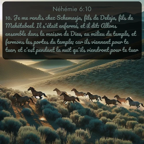 Segond Néhémie  ; image nature: image avec le verset biblique :Je me rendis chez Schemaeja, fils de Delaja, fils de Mehétabeel. Il s&#039;était enfermé, et il dit: Allons ensemble dans la maison de Dieu, au milieu du temple, et fermons les portes du temple; car ils viennent pour te tuer, et c&#039;est pendant la nuit qu&#039;ils viendront pour te tuer. ;  ; 6:10
