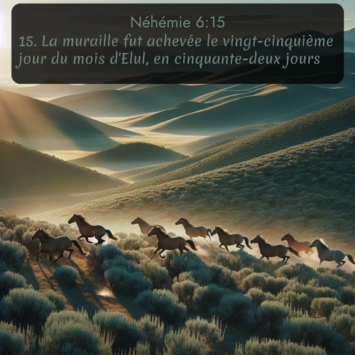 Segond Néhémie  ; image nature: image avec le verset biblique :La muraille fut achevée le vingt-cinquième jour du mois d&#039;Elul, en cinquante-deux jours. ;  ; 6:15