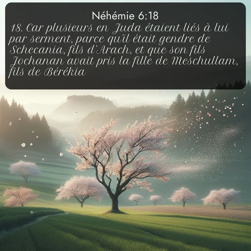 Segond Néhémie  ; image nature: image avec le verset biblique :Car plusieurs en Juda étaient liés à lui par serment, parce qu&#039;il était gendre de Schecania, fils d&#039;Arach, et que son fils Jochanan avait pris la fille de Meschullam, fils de Bérékia. ;  ; 6:18