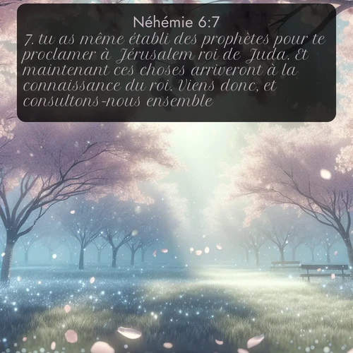 Segond Néhémie  ; image nature: image avec le verset biblique :tu as même établi des prophètes pour te proclamer à Jérusalem roi de Juda. Et maintenant ces choses arriveront à la connaissance du roi. Viens donc, et consultons-nous ensemble. ;  ; 6:7