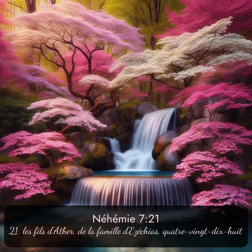 Segond Néhémie  ; image nature: image avec le verset biblique :les fils d&#039;Ather, de la famille d&#039;Ezéchias, quatre-vingt-dix-huit; ;  ; 7:21