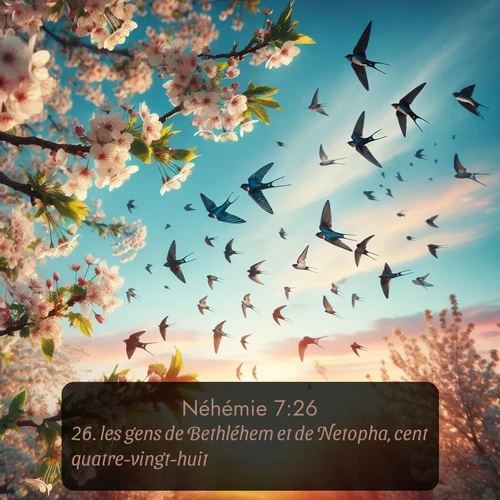 Segond Néhémie  ; image nature: image avec le verset biblique :les gens de Bethléhem et de Netopha, cent quatre-vingt-huit; ;  ; 7:26