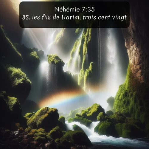 Segond Néhémie  ; image nature: image avec le verset biblique :les fils de Harim, trois cent vingt; ;  ; 7:35