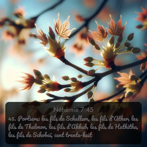 Segond Néhémie  ; image nature: image avec le verset biblique :Portiers: les fils de Schallum, les fils d&#039;Ather, les fils de Thalmon, les fils d&#039;Akkub, les fils de Hathitha, les fils de Schobaï, cent trente-huit. ;  ; 7:45