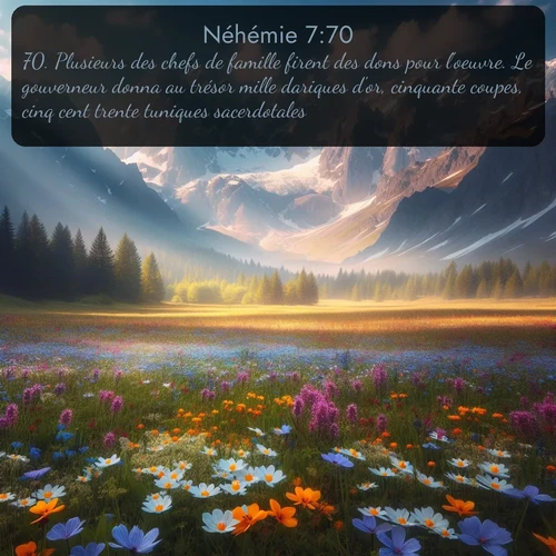 Segond Néhémie  ; image nature: image avec le verset biblique :Plusieurs des chefs de famille firent des dons pour l&#039;oeuvre. Le gouverneur donna au trésor mille dariques d&#039;or, cinquante coupes, cinq cent trente tuniques sacerdotales. ;  ; 7:70