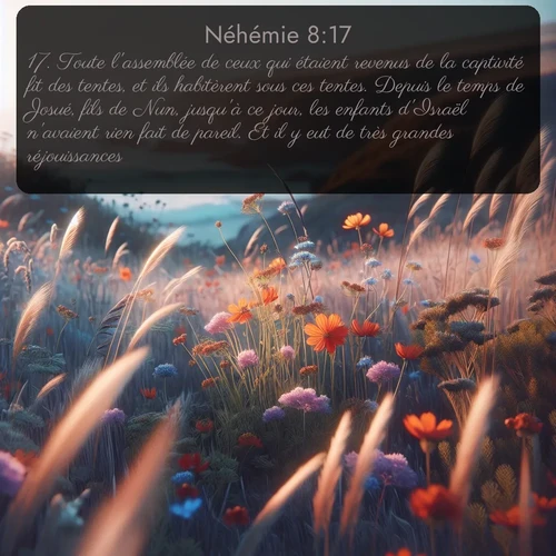 Segond Néhémie  ; image nature: image avec le verset biblique :Toute l&#039;assemblée de ceux qui étaient revenus de la captivité fit des tentes, et ils habitèrent sous ces tentes. Depuis le temps de Josué, fils de Nun, jusqu&#039;à ce jour, les enfants d&#039;Israël n&#039;avaient rien fait de pareil. Et il y eut de très grandes réjouissances. ;  ; 8:17