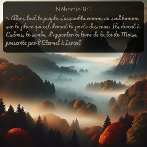 Segond Néhémie  ; image nature: image avec le verset biblique :Alors tout le peuple s&#039;assembla comme un seul homme sur la place qui est devant la porte des eaux. Ils dirent à Esdras, le scribe, d&#039;apporter le livre de la loi de Moïse, prescrite par l&#039;Eternel à Israël. ;  ; 8:1