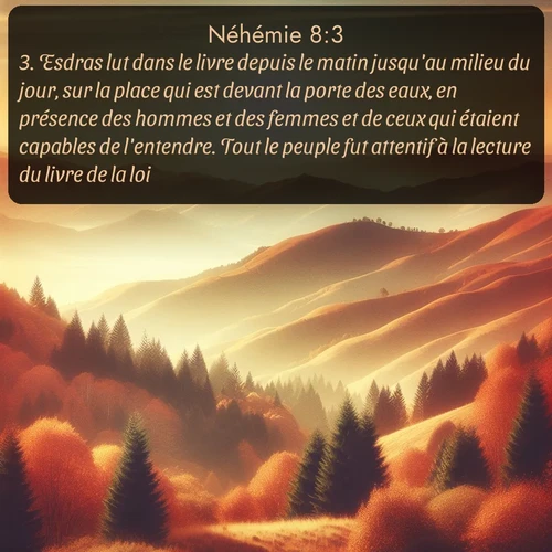 Segond Néhémie  ; image nature: image avec le verset biblique :Esdras lut dans le livre depuis le matin jusqu&#039;au milieu du jour, sur la place qui est devant la porte des eaux, en présence des hommes et des femmes et de ceux qui étaient capables de l&#039;entendre. Tout le peuple fut attentif à la lecture du livre de la loi. ;  ; 8:3
