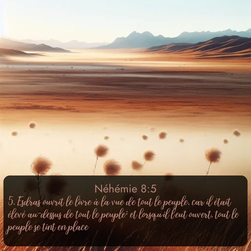 Segond Néhémie  ; image nature: image avec le verset biblique :Esdras ouvrit le livre à la vue de tout le peuple, car il était élevé au-dessus de tout le peuple; et lorsqu&#039;il l&#039;eut ouvert, tout le peuple se tint en place. ;  ; 8:5