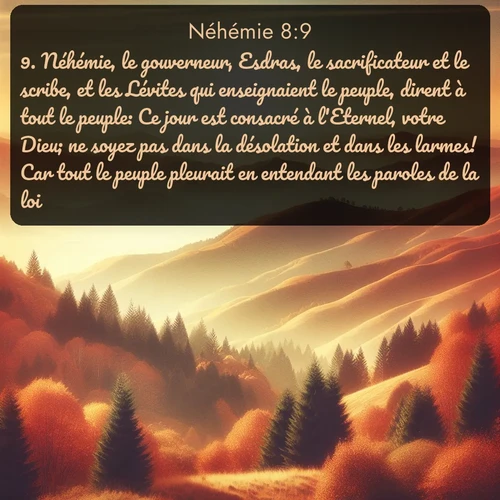 Segond Néhémie  ; image nature: image avec le verset biblique :Néhémie, le gouverneur, Esdras, le sacrificateur et le scribe, et les Lévites qui enseignaient le peuple, dirent à tout le peuple: Ce jour est consacré à l&#039;Eternel, votre Dieu; ne soyez pas dans la désolation et dans les larmes! Car tout le peuple pleurait en entendant les paroles de la loi. ;  ; 8:9