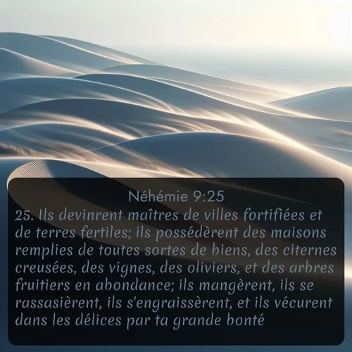 Segond Néhémie  ; image nature: image avec le verset biblique :Ils devinrent maîtres de villes fortifiées et de terres fertiles; ils possédèrent des maisons remplies de toutes sortes de biens, des citernes creusées, des vignes, des oliviers, et des arbres fruitiers en abondance; ils mangèrent, ils se rassasièrent, ils s&#039;engraissèrent, et ils vécurent dans les délices par ta grande bonté. ;  ; 9:25