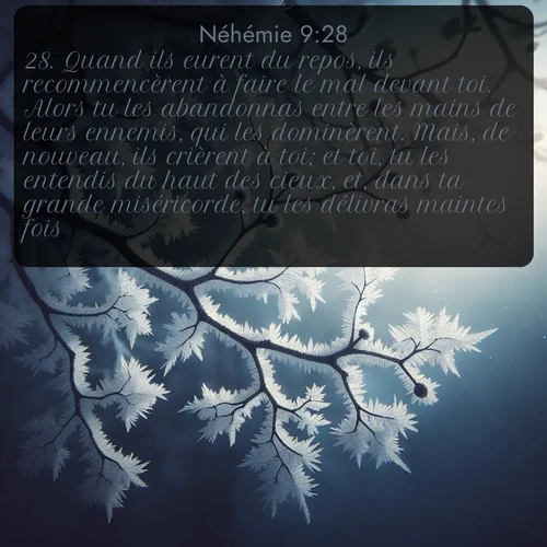 Segond Néhémie  ; image nature: image avec le verset biblique :Quand ils eurent du repos, ils recommencèrent à faire le mal devant toi. Alors tu les abandonnas entre les mains de leurs ennemis, qui les dominèrent. Mais, de nouveau, ils crièrent à toi; et toi, tu les entendis du haut des cieux, et, dans ta grande miséricorde, tu les délivras maintes fois. ;  ; 9:28