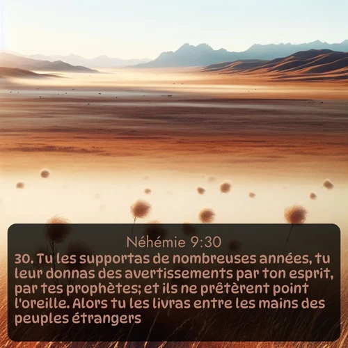 Segond Néhémie  ; image nature: image avec le verset biblique :Tu les supportas de nombreuses années, tu leur donnas des avertissements par ton esprit, par tes prophètes; et ils ne prêtèrent point l&#039;oreille. Alors tu les livras entre les mains des peuples étrangers. ;  ; 9:30