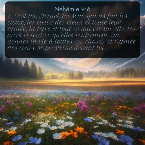 Segond Néhémie  ; image nature: image avec le verset biblique :C&#039;est toi, Eternel, toi seul, qui as fait les cieux, les cieux des cieux et toute leur armée, la terre et tout ce qui est sur elle, les mers et tout ce qu&#039;elles renferment. Tu donnes la vie à toutes ces choses, et l&#039;armée des cieux se prosterne devant toi. ;  ; 9:6