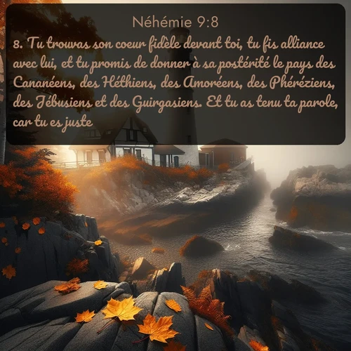 Segond Néhémie  ; image nature: image avec le verset biblique :Tu trouvas son coeur fidèle devant toi, tu fis alliance avec lui, et tu promis de donner à sa postérité le pays des Cananéens, des Héthiens, des Amoréens, des Phéréziens, des Jébusiens et des Guirgasiens. Et tu as tenu ta parole, car tu es juste. ;  ; 9:8