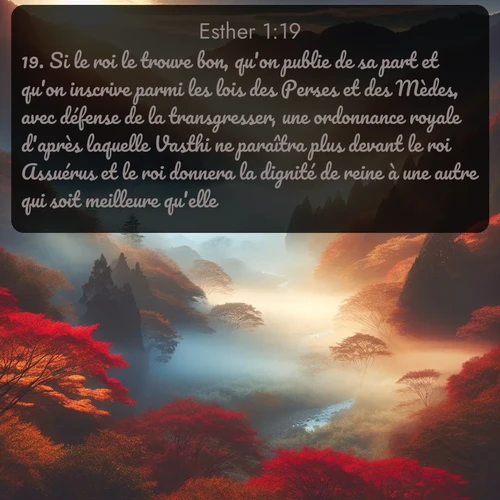 Segond Esther  ; image nature: image avec le verset biblique :Si le roi le trouve bon, qu&#039;on publie de sa part et qu&#039;on inscrive parmi les lois des Perses et des Mèdes, avec défense de la transgresser, une ordonnance royale d&#039;après laquelle Vasthi ne paraîtra plus devant le roi Assuérus et le roi donnera la dignité de reine à une autre qui soit meilleure qu&#039;elle. ;  ; 1:19