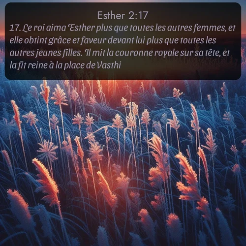 Segond Esther  ; image nature: image avec le verset biblique :Le roi aima Esther plus que toutes les autres femmes, et elle obtint grâce et faveur devant lui plus que toutes les autres jeunes filles. Il mit la couronne royale sur sa tête, et la fit reine à la place de Vasthi. ;  ; 2:17