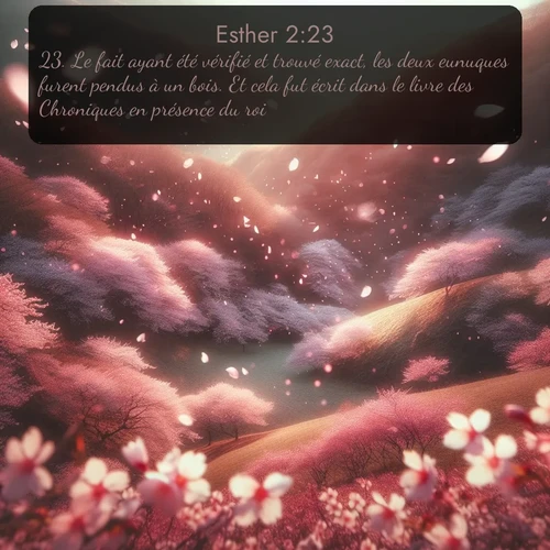Segond Esther  ; image nature: image avec le verset biblique :Le fait ayant été vérifié et trouvé exact, les deux eunuques furent pendus à un bois. Et cela fut écrit dans le livre des Chroniques en présence du roi. ;  ; 2:23