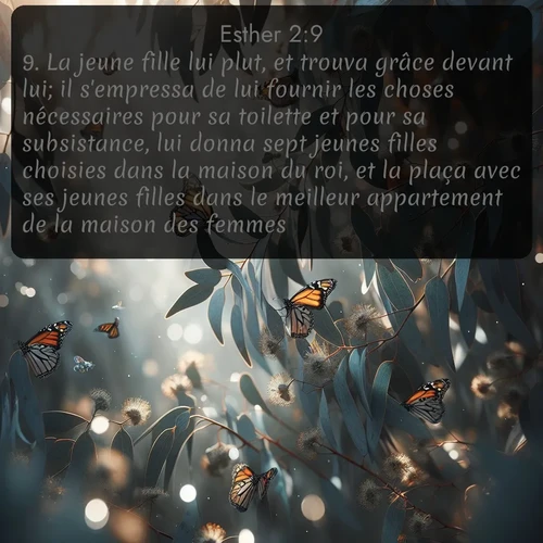 Segond Esther  ; image nature: image avec le verset biblique :La jeune fille lui plut, et trouva grâce devant lui; il s&#039;empressa de lui fournir les choses nécessaires pour sa toilette et pour sa subsistance, lui donna sept jeunes filles choisies dans la maison du roi, et la plaça avec ses jeunes filles dans le meilleur appartement de la maison des femmes. ;  ; 2:9