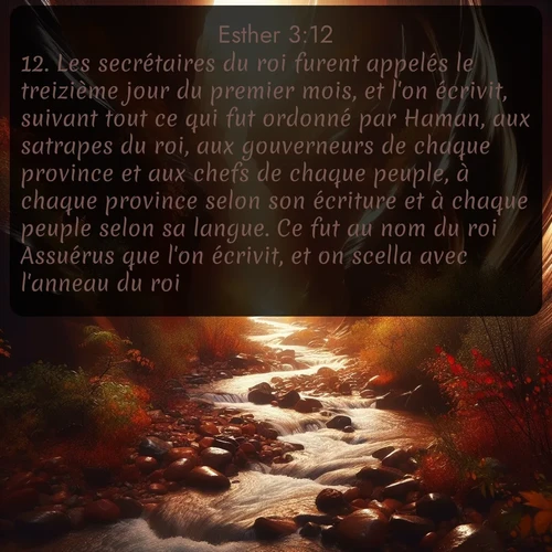 Segond Esther  ; image nature: image avec le verset biblique :Les secrétaires du roi furent appelés le treizième jour du premier mois, et l&#039;on écrivit, suivant tout ce qui fut ordonné par Haman, aux satrapes du roi, aux gouverneurs de chaque province et aux chefs de chaque peuple, à chaque province selon son écriture et à chaque peuple selon sa langue. Ce fut au nom du roi Assuérus que l&#039;on écrivit, et on scella avec l&#039;anneau du roi. ;  ; 3:12