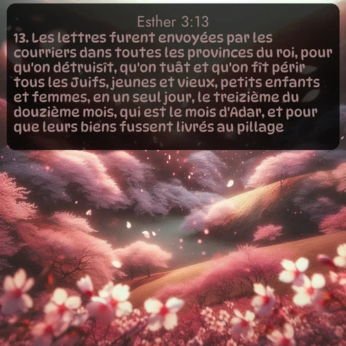 Segond Esther  ; image nature: image avec le verset biblique :Les lettres furent envoyées par les courriers dans toutes les provinces du roi, pour qu&#039;on détruisît, qu&#039;on tuât et qu&#039;on fît périr tous les Juifs, jeunes et vieux, petits enfants et femmes, en un seul jour, le treizième du douzième mois, qui est le mois d&#039;Adar, et pour que leurs biens fussent livrés au pillage. ;  ; 3:13