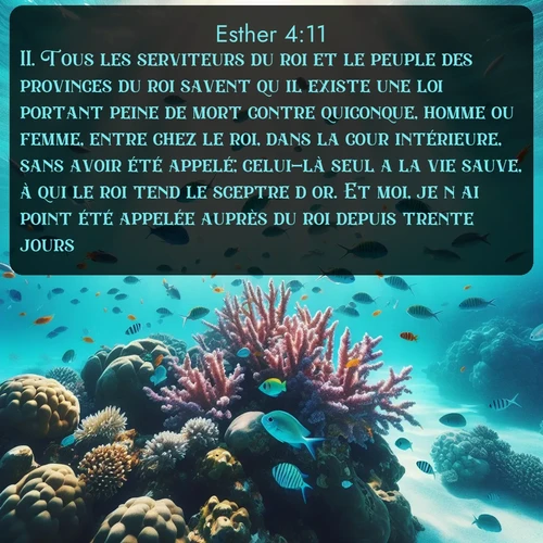Segond Esther  ; image nature: image avec le verset biblique :Tous les serviteurs du roi et le peuple des provinces du roi savent qu&#039;il existe une loi portant peine de mort contre quiconque, homme ou femme, entre chez le roi, dans la cour intérieure, sans avoir été appelé; celui-là seul a la vie sauve, à qui le roi tend le sceptre d&#039;or. Et moi, je n&#039;ai point été appelée auprès du roi depuis trente jours. ;  ; 4:11